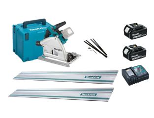 Makita DSP600ZJ 36v Brushless Plunge Saw, 1.5M Rails, Connectors, 5ah Batteries and Charger