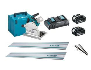 Makita DSP600ZJ 36v Brushless Plunge Saw, 1.5M Rails, Connectors, 5ah Batteries and Twin Charger