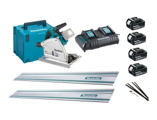 Makita DSP600ZJ 36v Brushless Plunge Saw, 1.5M Rails, Connectors, 4 x 5ah Batteries and Twin Charger