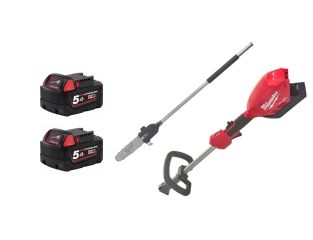 Milwaukee M18 Fuel Outdoor Power Head with QUIK-LOK and Chainsaw Attachment with 2 x 5ah Batteries