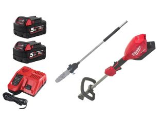 Milwaukee M18 Fuel Outdoor Power Head with QUIK-LOK and Chainsaw Attachment with 5ah Batteries & Charger
