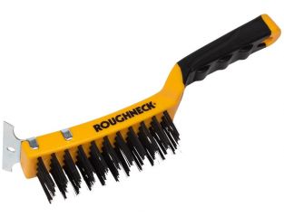 Roughneck Carbon Steel Wire Brush Soft Grip with Scraper 300mm (12in) - 4 Row ROU52042