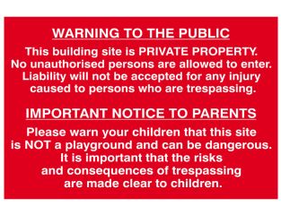 Scan Building Site Warning To Public And Parents - PVC 600 x 400mm SCA4251