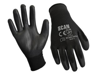Scan Black PU Coated Gloves - L (Size 9) (12 Pairs) SCAGLOPU12